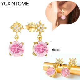 925 Sterling Silver Needle Pink Crystal Heart Hoop Earrings for Women Fashion Geometric Pendant Earrings Luxury Jewelry Gifts