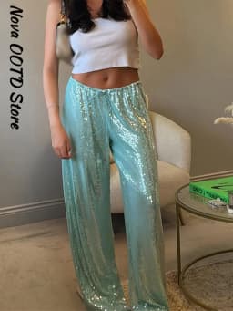 Sequin Loose Summer Women's Pants Low-rise Drawstring Straight Wide Leg Y2k Pant And Trousers New Beach Casual Clothes 2026