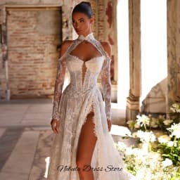 Elegant Customized Long Sleeves High Collar Wedding Dress Charming Appliques Lace Bridal Gowns Sexy Side Slit Vestido De Novia