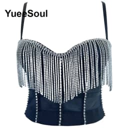 Black Y2K Tops White Rhinestone Sequins Tassel Slim Crop Top New Gothic Party Club Wedding High Street Sexy Corset Top Camis