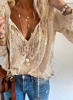 V-neck Hollow Air Quality Commuting Loose Printed Solid Color Lace Shirt Women Beach Vacation New Versatile Long-sleeved T-shirt