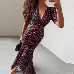 Elegant Women's Floral Printed Dress Slim V Neck Short Sleeve Waist Cinching Long Fishtail Dresses 2026 Summer Lady Party Robes
