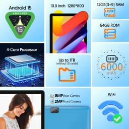 Android 15 Tablet, 10.0-inch Screen, Quad-Core Processor, 12GB RAM (3GB+9GB), 64GB Storage, 2MP+8MP Dual Cameras, 6000mAh