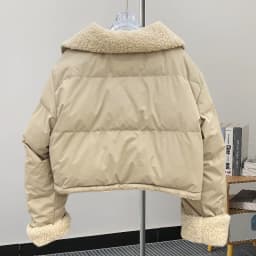 Women's Beige Patchwork Faux Rabbit Fur Parka Coat Warm Fashion Overcoat Harajuku Vintage Padded Coats 2000s Clothes 2024 Winter