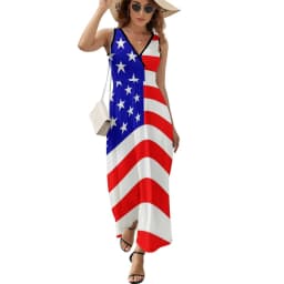 American Flag Dress Patriotic Flag Star Design Boho Beach Long Dresses V Neck Print Maxi Dress Korean Fashion Clothes Oversize