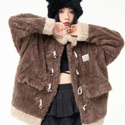 Chic Brown Women Shearling Jacket Toggle Button Coat Contrast Collar Loose Cozy Preppy Streetwear Winter Outerwear Top