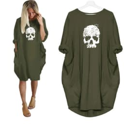 Women's Summer Loose Skull Print Round Neck Long Sleeve Pocket Comfortable Casual P lus Size Dress ashion Streetwear Oversized