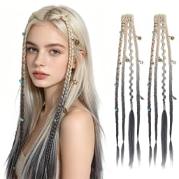 Clip in Braid Hair Extensions for Women, 20" Boho Dreadlock Clip in Braids with Beads & Charms, 2PCS Synthetic Braided Hairpiece