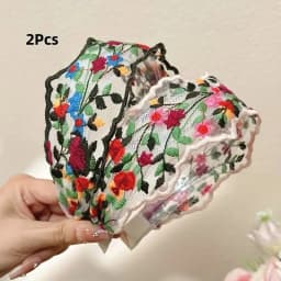 2pcs Women'S Floral Lace Headbands - Vintage Bohemian Wide Non-Slip Mesh Hairbands with Comb Teeth, Colorful Flower Embroidery