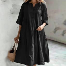 New Solid Color Cotton Linen Comfortable Casual Dresses Women Half Sleeve Loose Dress Gown Female Double Pocket Patchwork Frock