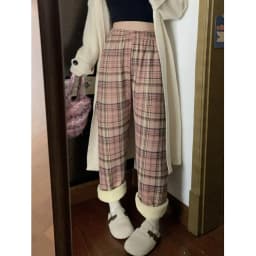 plus Size Plaid Pants Women's High Waist Straight Leg Fce Lined Casual Home Wear Polyester Fiber Elastic Band China Made