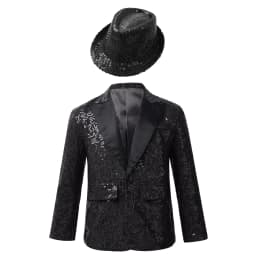 Kids Boys Shiny Sequins Coat Modren Competition Dance Performance Jacket Banquet Party Long Sleeve Tuxedo Suit with Fedora Hat