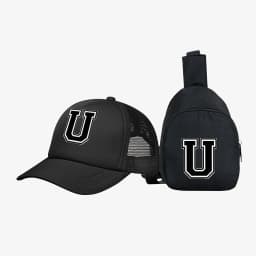 2pcs Kids' 26 letter printed pattern truck hat+chest bag set, stylish casual sunhat, portable storage purse, suitable for daily