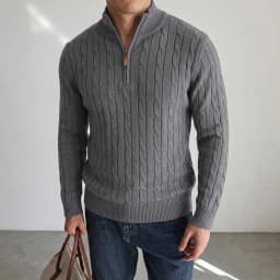 New Men's Cable Knit Half Zip Sweater Casual Stand Collar Knitted Pullover Warm Winter Cardigan Jacket Outerwear Coat for Men