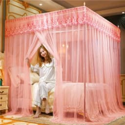 Romantic Lace Pleated Mosquito Net Embroidery Breathable Square Queen Double Bed Net Canopy Not Included Stainless Steel Bracket