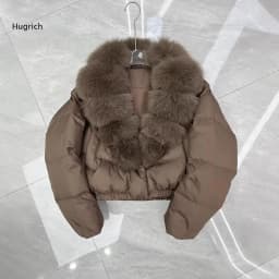 Women's Short Puffer Jacket with Large Faux Fox Fur Collar Thick Warm Down Coat Winter Loose Fit Solid Color Outerwear Fashion