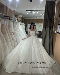 SoDigne A-line Glitter Tulle Wedding Dresses Square Collar Full Sleeves Bridal Dress Appliques Long Wedding Gown Customized