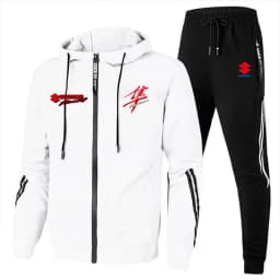 New Suzuki sportswear set for men, featuring a zip-up hooded sweatshirt and pants with Suzuki logo print. Quick delivery.
