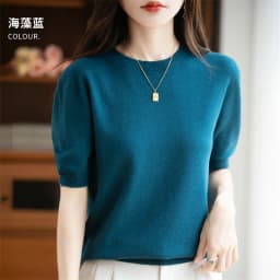 First-Line Ready-To-Wear Sweater Women's 100 Pure Wool Knitted Short-Sleeved T-Shirt Round Neck Thin Sweater Loose Half-Sleeve