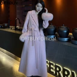 OFTBUY Women's Long Wool Coat Double Breasted Belted Waist Woolen Clothing Female Winter Warm Elegant Trench Style Outerwear