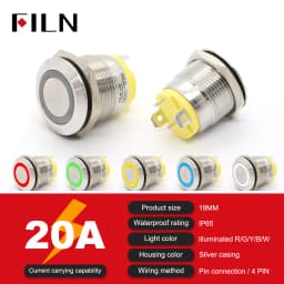 High Current 19mm 22mm 20A 12V 24V 110V 220V IP68 Waterproof Flat Ring Round Push Button Switch Metal Stainless Steel 20cm Wire