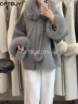 OFTBUY Women's Short Wool Coat Real Fox Fur Collar Cuffs Pom Pom Drawstring Woolen Clothing New Winter Warm Elegant Outerwear