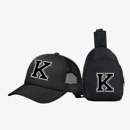2pcs Kids' 26 letter printed pattern truck hat+chest bag set, stylish casual sunhat, portable storage purse, suitable for daily