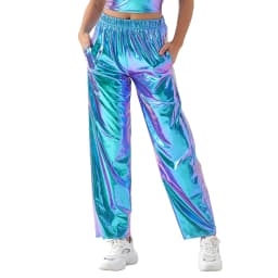 Women's Metallic Pants with Elastic Waist Solid Color Loose Pants Casual Trendy Grunge Streetwear with Pockets