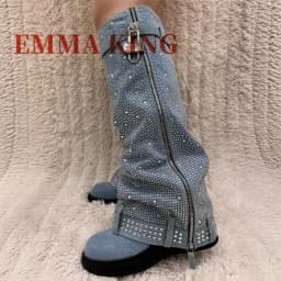 Luxury Designer Lock Crystal Thick Sole Mid Calf Boots Woman Platform Round Toe Long Womens Boots Winter Side Zipper Party Shoes