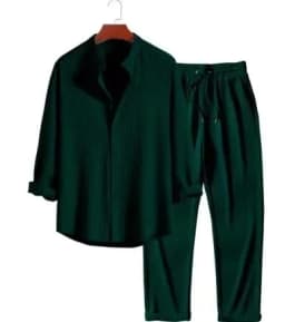 Two Pieces Single Breasted Shirts Men Sets Blouses Solid Drawstring Straight Ankle Length Pants Casual Sports Loose Pockets