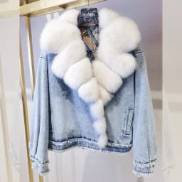 Denim Coat with Real Large Fox Fur Collar for Women, Furry Jacket, Fluffy Suit, Luxurious Brown and Yellow Coat, Winter Fashion