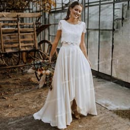 Boho Two Pieces Lace Bridal Wedding Dress O-Neck Short Sleeve High Low Skirt Bride Gown Sweep Button Chiffon Vestido Customized