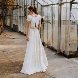Boho Two Pieces Lace Bridal Wedding Dress O-Neck Short Sleeve High Low Skirt Bride Gown Sweep Button Chiffon Vestido Customized