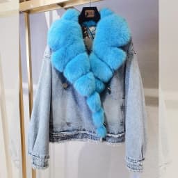 Denim Coat with Real Large Fox Fur Collar for Women, Furry Jacket, Fluffy Suit, Luxurious Brown and Yellow Coat, Winter Fashion