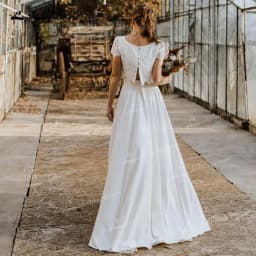 Boho Two Pieces Lace Bridal Wedding Dress O-Neck Short Sleeve High Low Skirt Bride Gown Sweep Button Chiffon Vestido Customized
