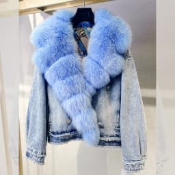 Denim Coat with Real Large Fox Fur Collar for Women, Furry Jacket, Fluffy Suit, Luxurious Brown and Yellow Coat, Winter Fashion