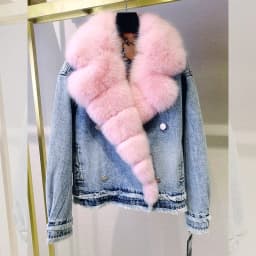 Denim Coat with Real Large Fox Fur Collar for Women, Furry Jacket, Fluffy Suit, Luxurious Brown and Yellow Coat, Winter Fashion