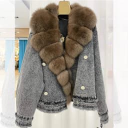 Denim Coat with Real Large Fox Fur Collar for Women, Furry Jacket, Fluffy Suit, Luxurious Brown and Yellow Coat, Winter Fashion