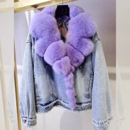 Denim Coat with Real Large Fox Fur Collar for Women, Furry Jacket, Fluffy Suit, Luxurious Brown and Yellow Coat, Winter Fashion