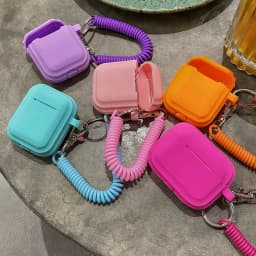 Case For Airpods 1/2/3/4 5 Silicone Solid Color Protective Earphone Cover For Apple Air Pods Pro 2 Spring Fexible Chain Keyring