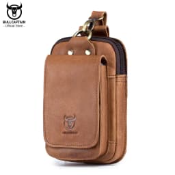 BULLCAPTAIN Fashion Quality Leather Small Summer Pouch Hook Design Waist Pack Bag Cigarette Case 6" Phone Pouch Waist Belt Bag
