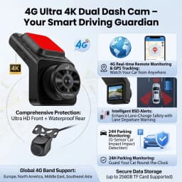 4G SIM Dash Cam GPS 4K+1080P Dual Footage Remote Live Streaming 24H Parking Monitor Car Road Camera Video Recorder WiFi Hotspot