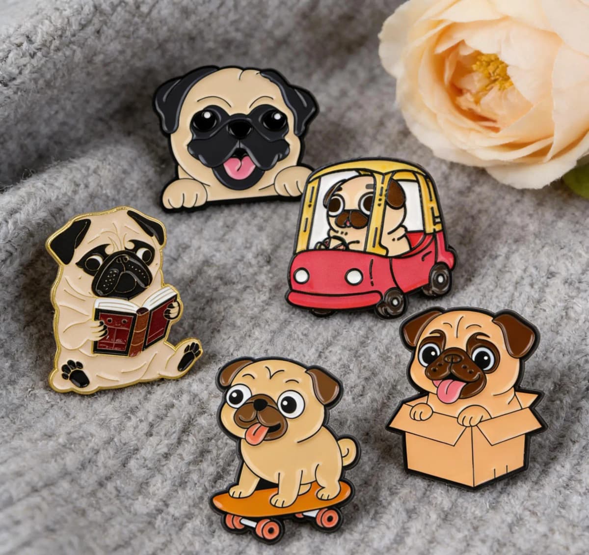 5pcs/set Naughty Pug Enamel Pins Pet Metal Brooch Backpack Hat Bag Collar Lapel Badges Men Women Fashion Jewelry Collection Gift