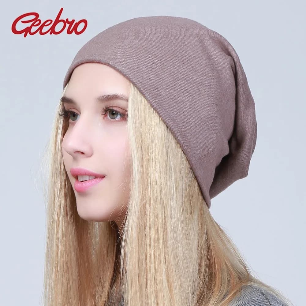 Geebro Women's Plain Beanie Hat Spring Cotton Slouchy Beanie for Women Knitted Bone Hat Ladies Black Skullies Cap JS293A