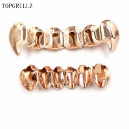 TOPGRILLZ New Fit Rose Gold Color Plated Hip Hop Teeth Grillz Caps Top&Bottom Grill Set for Christmas Party Vampire Tooth Grillz