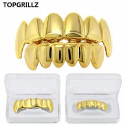 TOPGRILLZ New Fit Rose Gold Color Plated Hip Hop Teeth Grillz Caps Top&Bottom Grill Set for Christmas Party Vampire Tooth Grillz