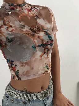 Angel Print Mesh Sexy T Shirt Crop Top High Neck Short Sleeve Graphic Tees Women Streetwear Harajuku Shirts Hot Sale