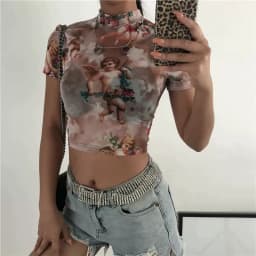 Angel Print Mesh Sexy T Shirt Crop Top High Neck Short Sleeve Graphic Tees Women Streetwear Harajuku Shirts Hot Sale