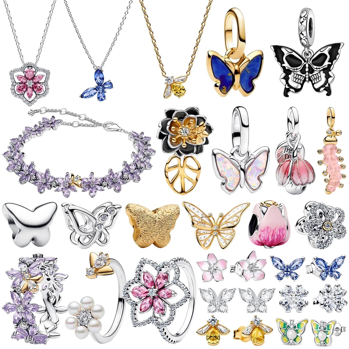 S925 Silver Plated Butterfly Flower Bee Tulip Ring Purple Bracelet Necklace Charms Enamel Inlaid Gem Beads Gift Fashion Jewelry