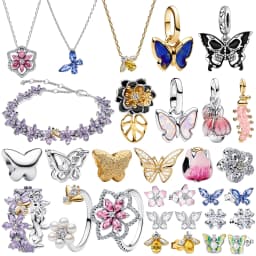 S925 Silver Plated Butterfly Flower Bee Tulip Ring Purple Bracelet Necklace Charms Enamel Inlaid Gem Beads Gift Fashion Jewelry
